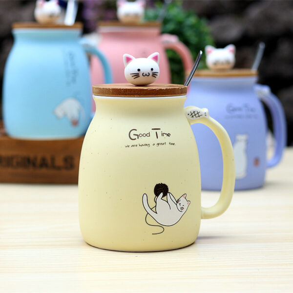 Color Cartoon Tea Cup With Lid Kitten Ceramic Mug