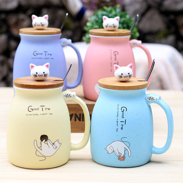 Color Cartoon Tea Cup With Lid Kitten Ceramic Mug