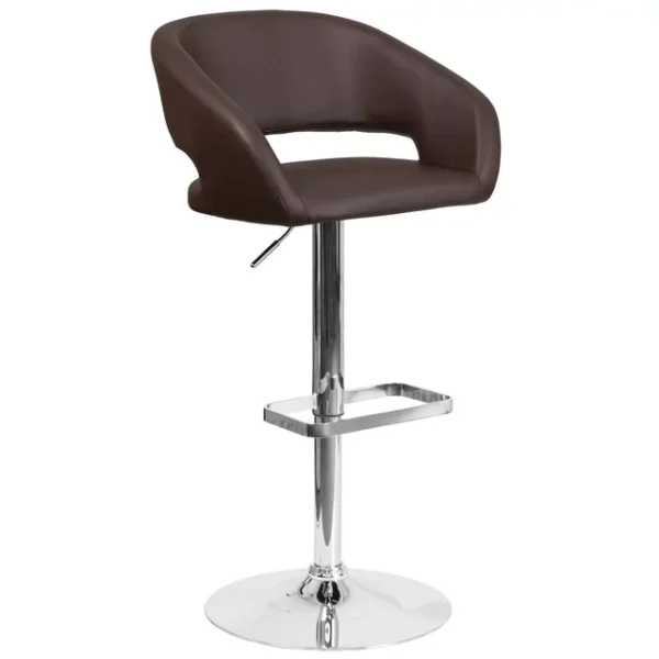 Erik Contemporary Brown Vinyl Adjustable Height Barstool with Rounded Mid-Back and Chrome Base