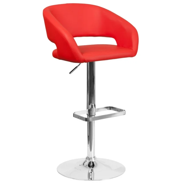 Erik Contemporary Red Vinyl Adjustable Height Barstool with Rounded Mid-Back and Chrome Base