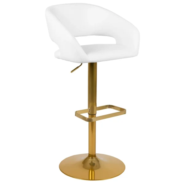 Erik Contemporary White Vinyl Adjustable Height Barstool with Rounded Mid-Back and Gold Base